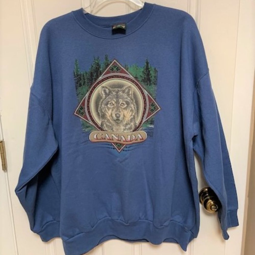 Blue Canada Sweatshirt with Wolf on Front
